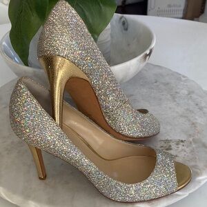 😍Enzo Angiolini Gold and Silver Glitter Peeptoe Heels 👠- 8.5